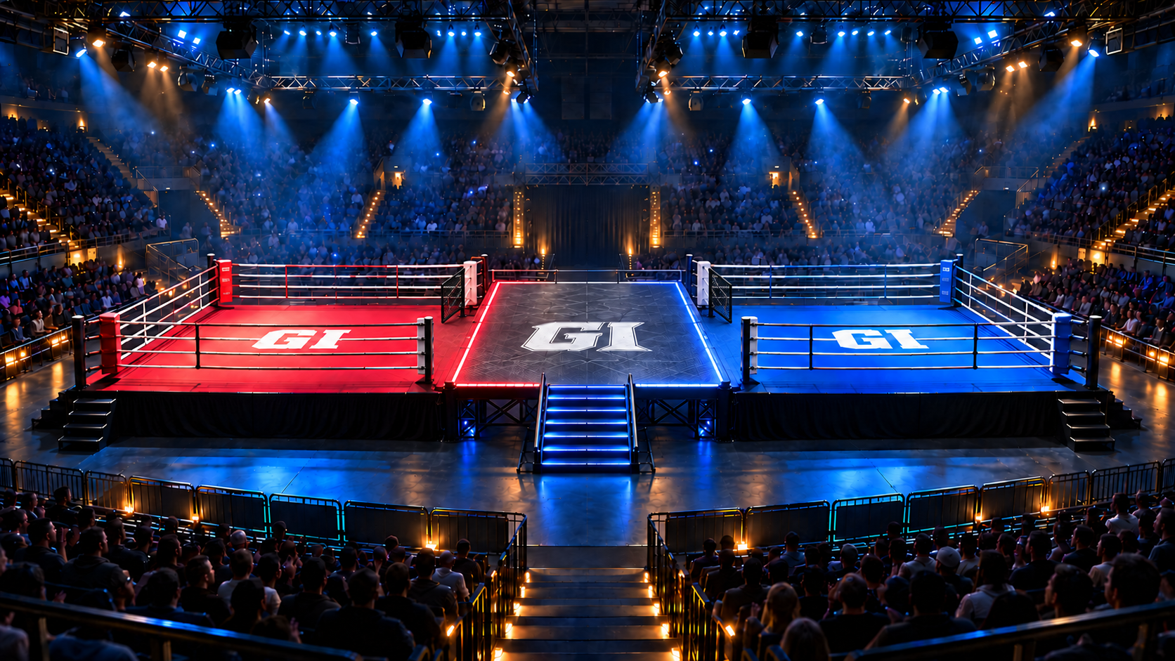 Concept visualization of red and blue boxing rings with GI on both mats, joined by one wide gray GI-branded crossover with neon edges and front stairs
